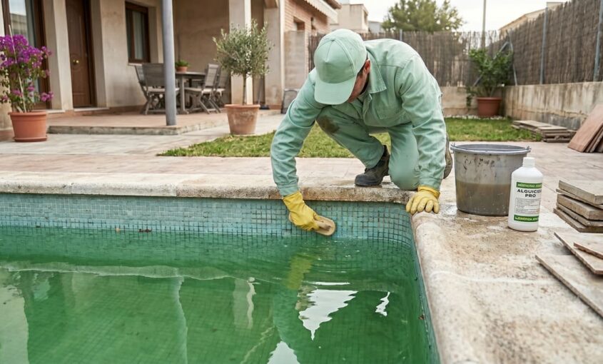 Un trabajador de mantenimiento de piscinas con uniforme verde frota el borde de una piscina residencial de agua verde usando un cepillo.